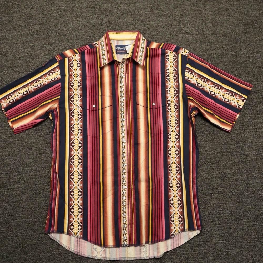 Men's Vintage XL Wrangler Brushpopper Aztec Print Pearl Snaps 100% Cotton
